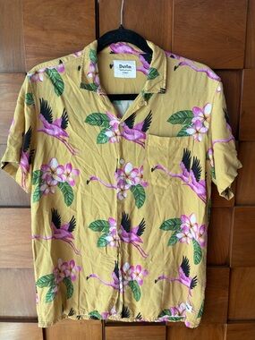 Duvin Yellow Flamingo Print Short-Sleeve Button-Down Shirt